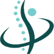 A teal abstract logo featuring a curved spine of dots next to a stylized figure and swooping lines.