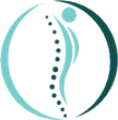 A teal circle framing a stylized human spine composed of dots, with a circular head icon at the top.