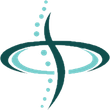 A dark teal, curved vertical line intersected by a horizontal oval, with a trail of light blue dots ascending the left side.