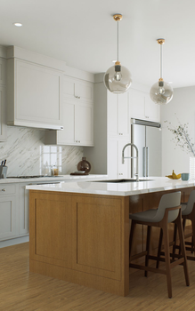 Bright modern kitchen with white cabinets, marble island, pendant lights, and two wooden stools