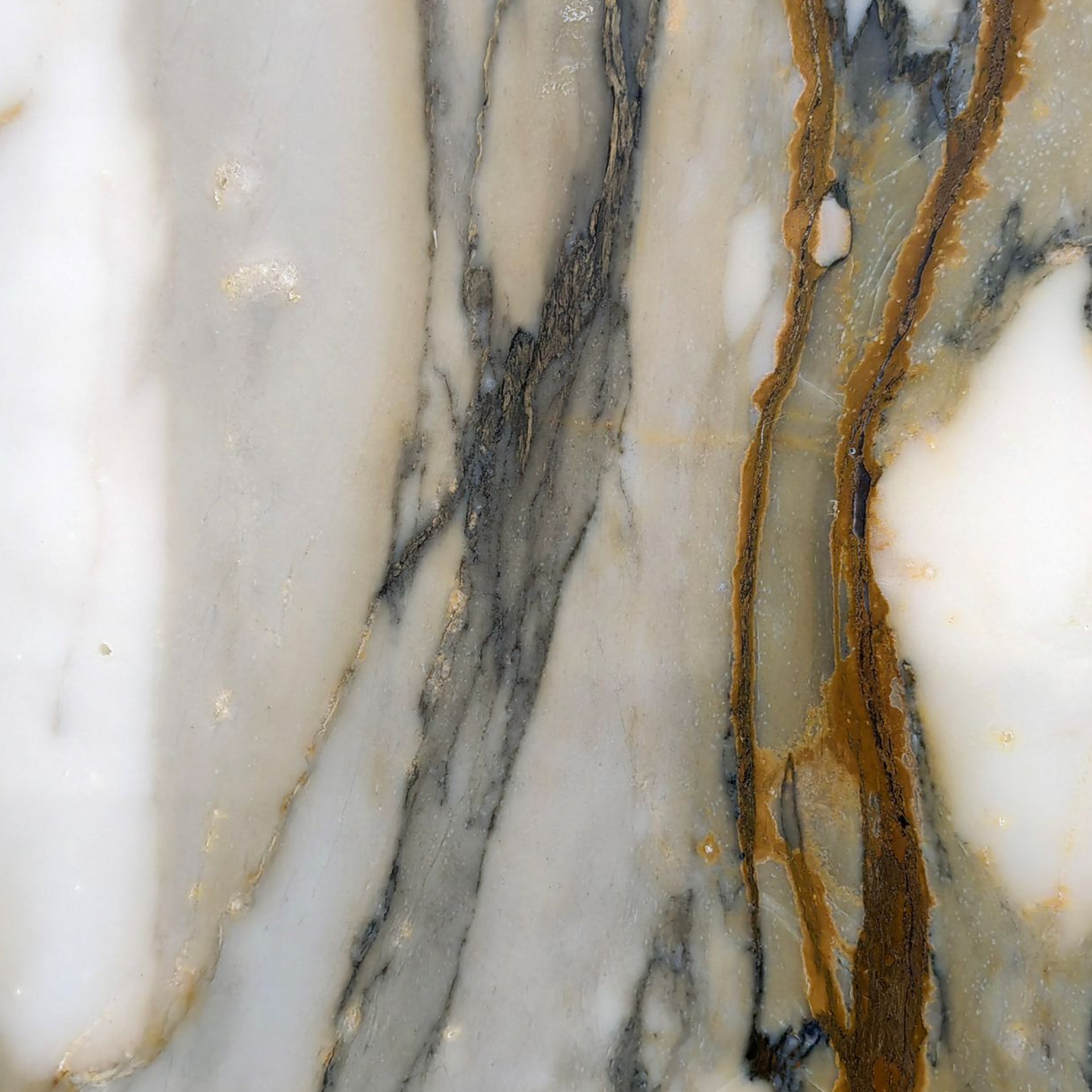 White marble stone with gray and gold veining close-up