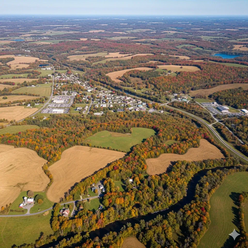 An aerial view of a city with lots of buildings and roads.
