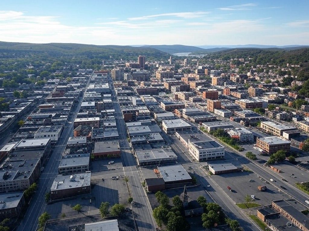 An aerial view of a city with lots of buildings and trees