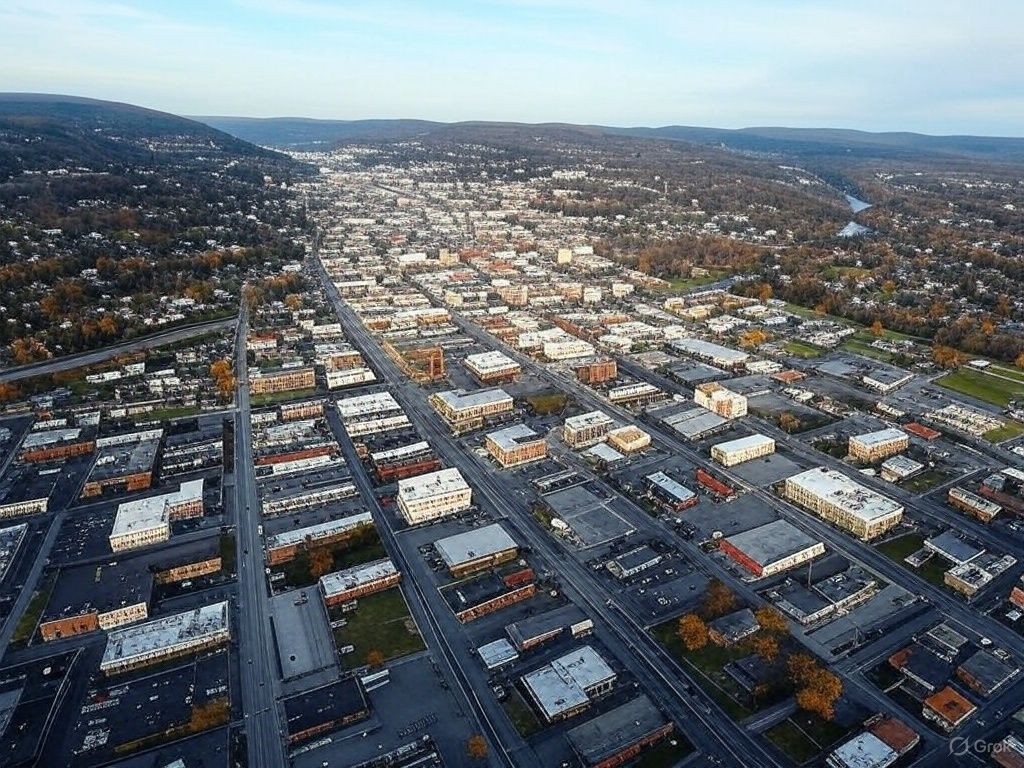 An aerial view of a city with lots of buildings and roads.