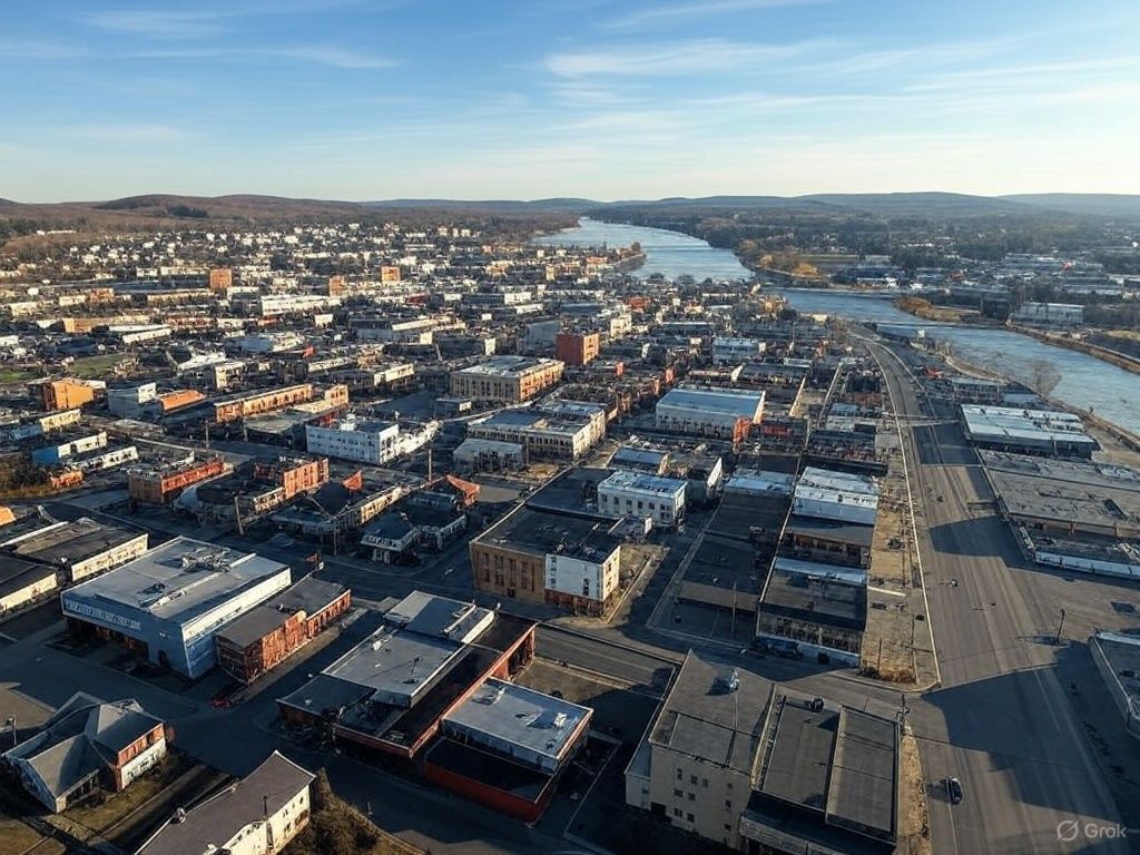 An aerial view of a city with a river running through it.