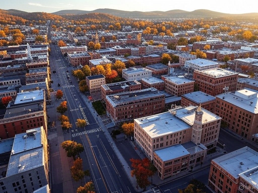 An aerial view of a city filled with lots of buildings and trees.