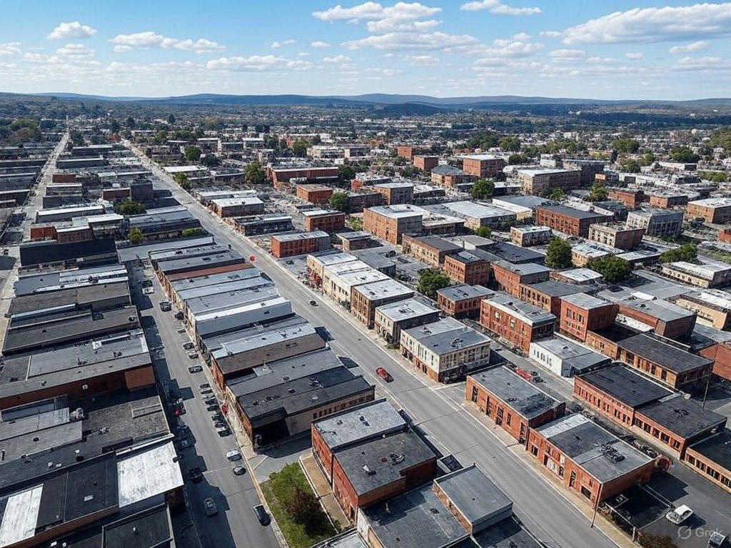 An aerial view of a city with lots of buildings and roads.