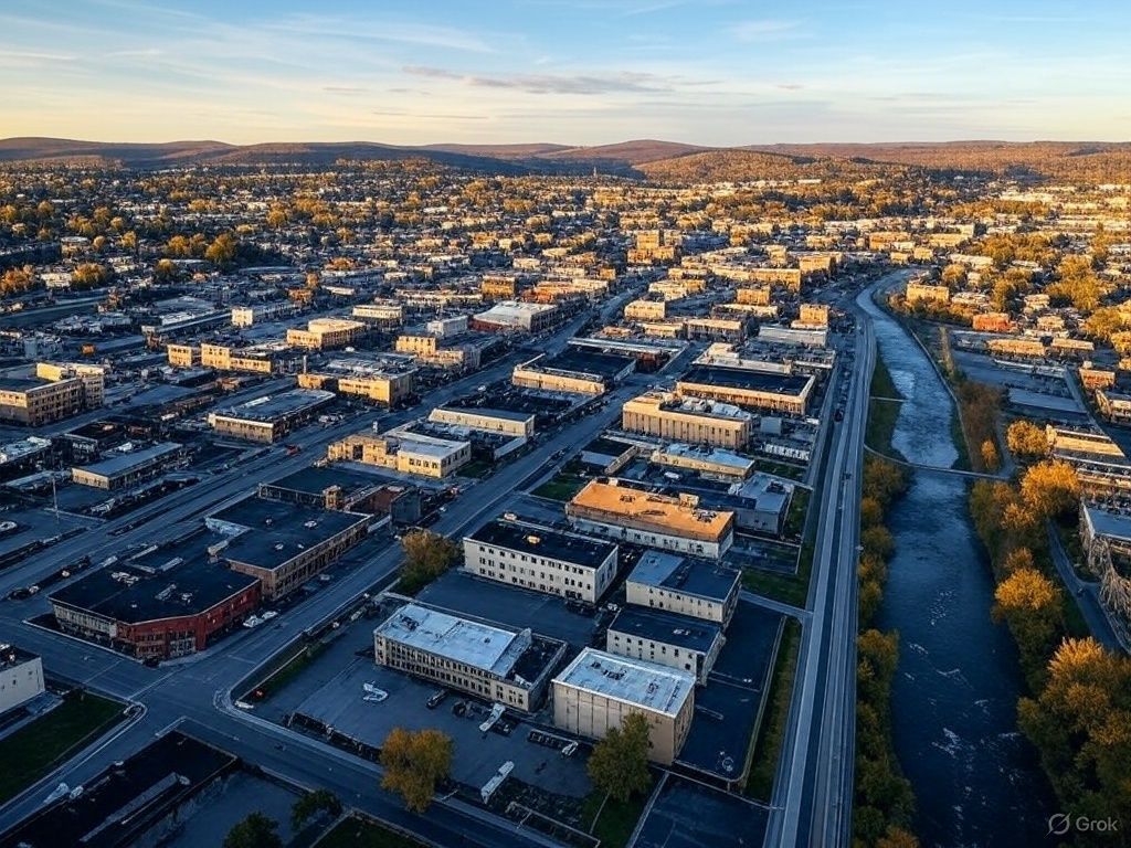 An aerial view of a city with a river running through it.