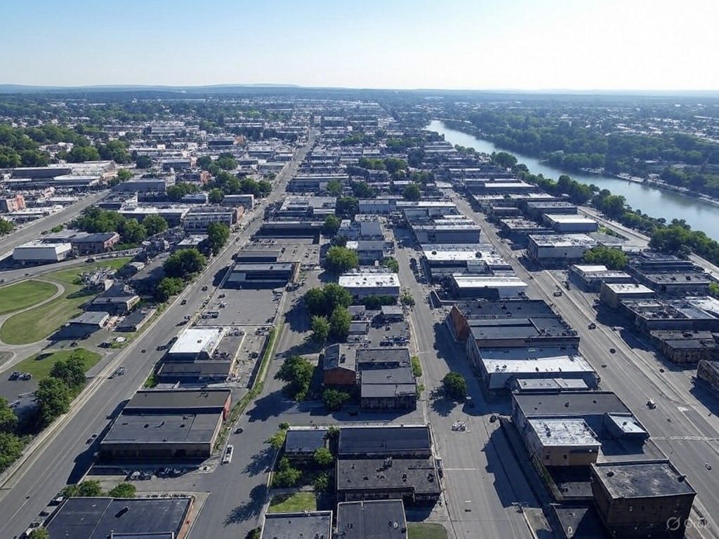 An aerial view of a city with a river in the background