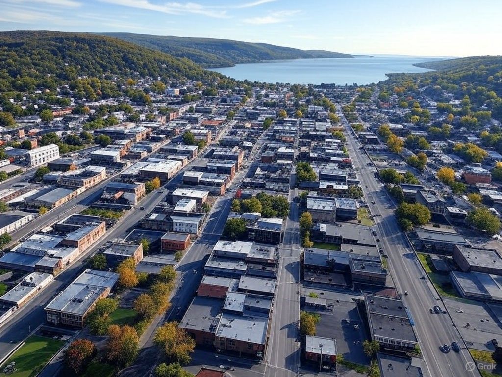 An aerial view of a city with a lake in the background.