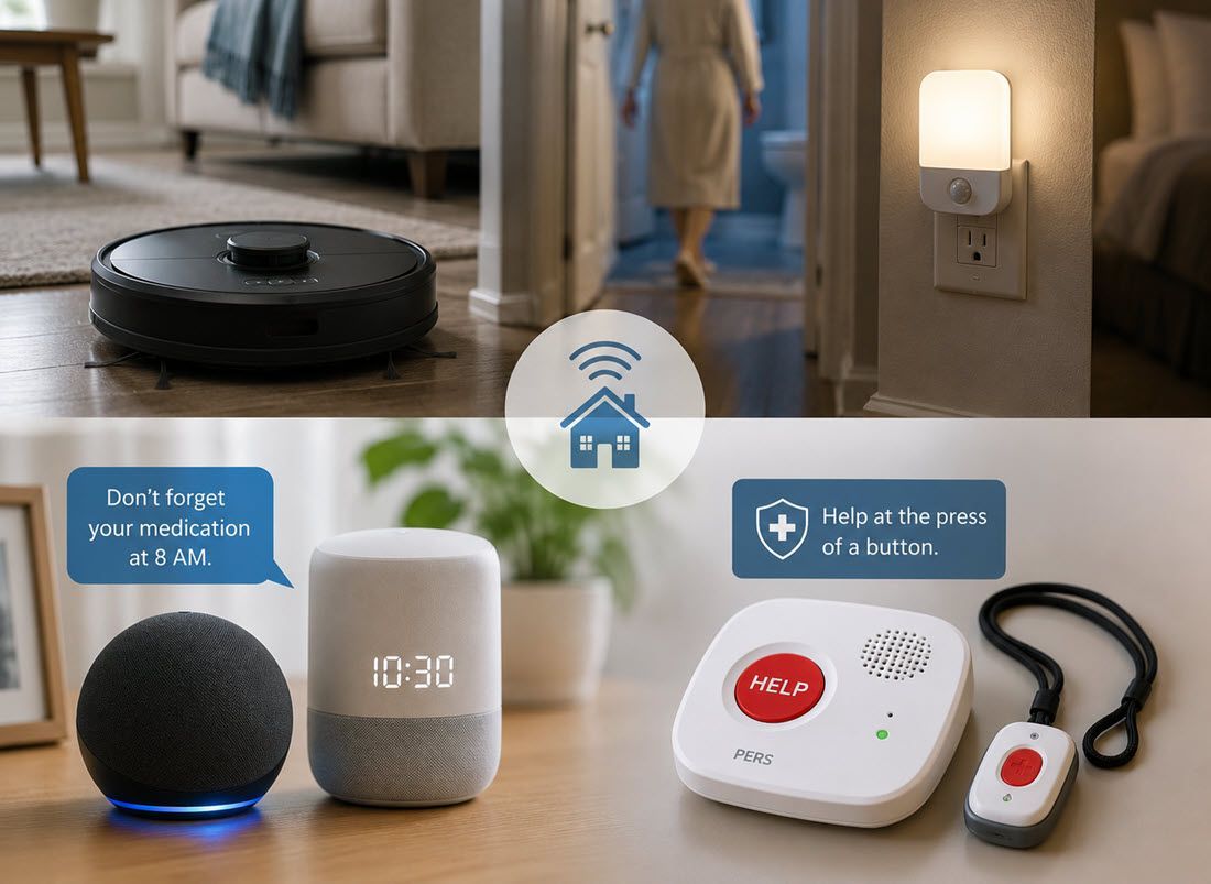 Smart home safety devices: robot vacuum, Echo speakers, smart light, panic button, and fall detector in a home.