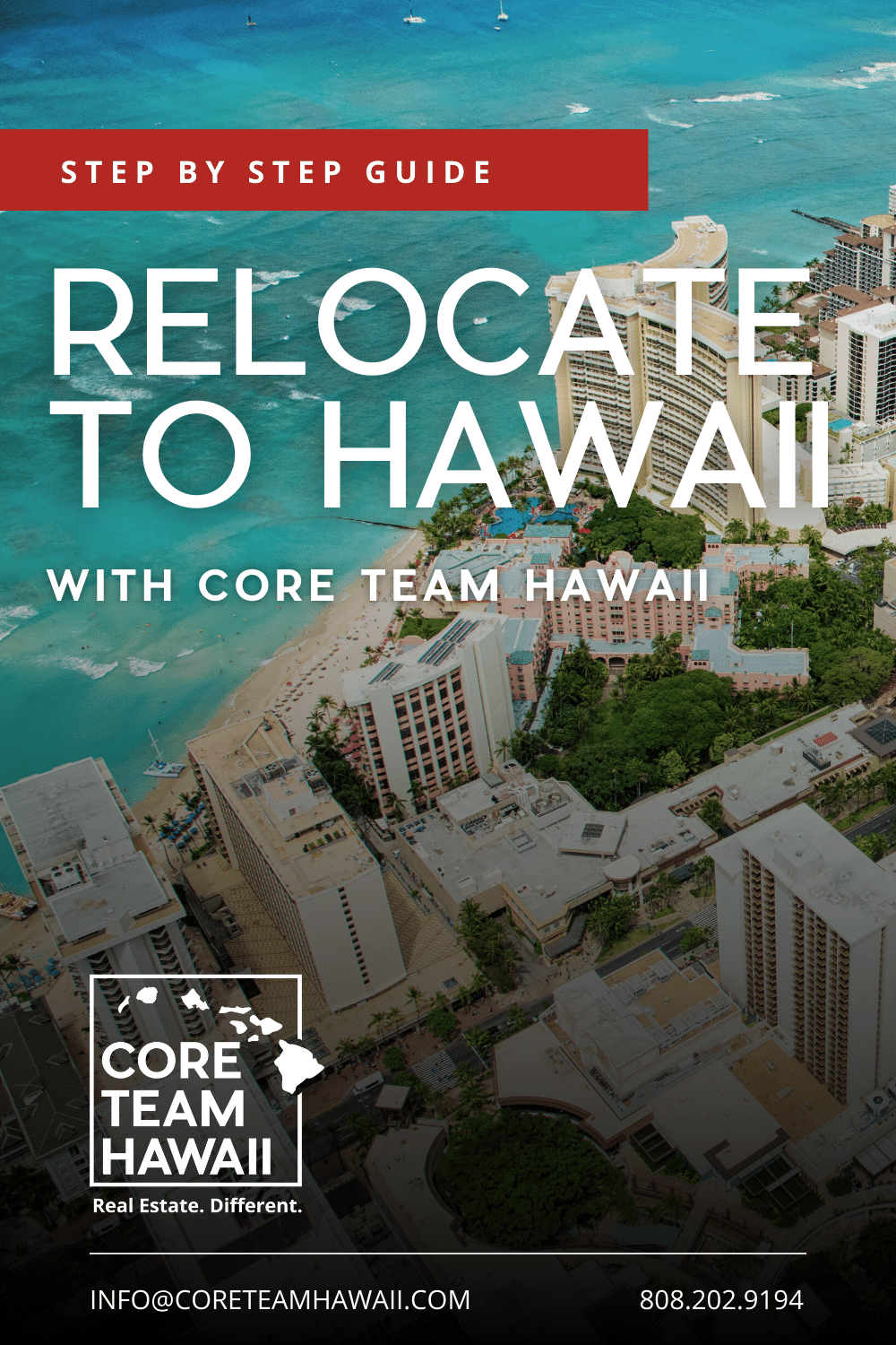 Cover for a step-by-step guide titled “Relocate to Hawaii” with a coastal city aerial view.