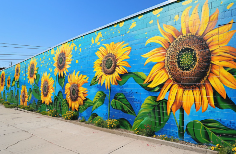 Mural of large sunflowers on a blue brick wall, set against a sunny sky.