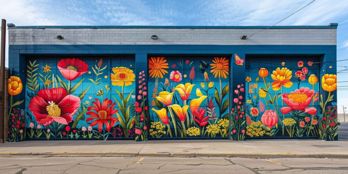 Mural of colorful flowers painted on three garage doors, against a blue background, bright colors, outdoors.