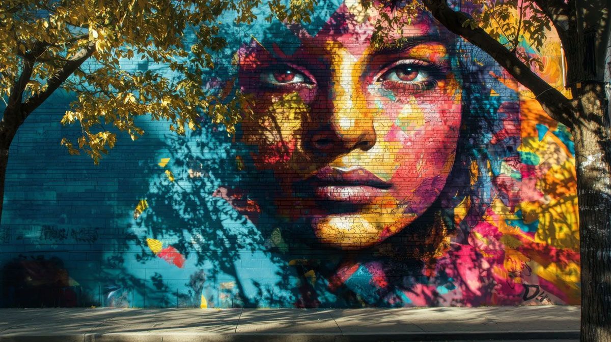 Colorful mural of a woman's face, partially obscured by tree branches. Blues, pinks, and yellows dominate.