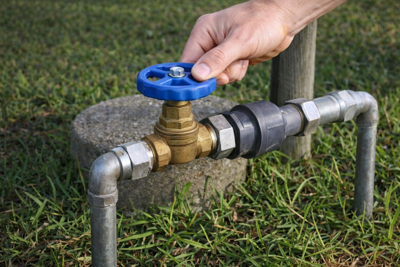 Hand turning a blue valve on a pipe in a grassy yard.