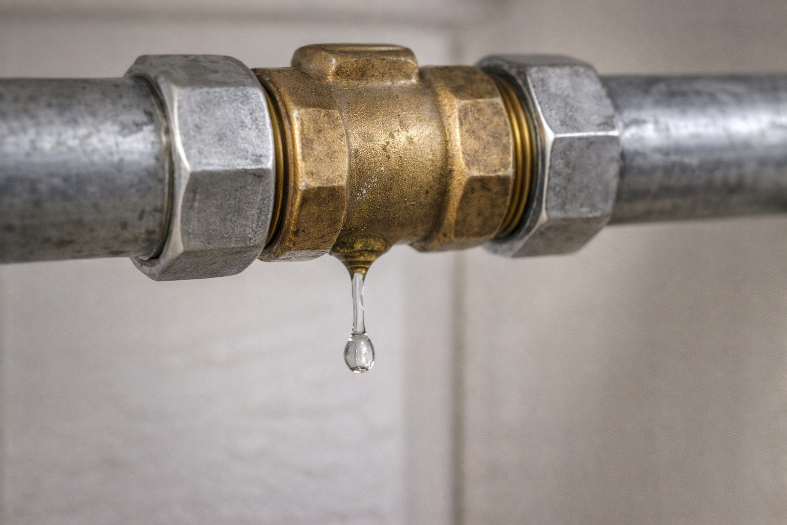 Leaking pipe fitting with a water droplet hanging.