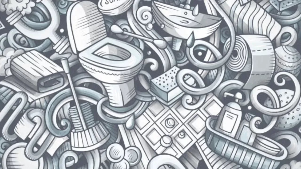 Bathroom-themed cartoon illustration featuring toilet, sink, cleaning supplies, and swirling lines.