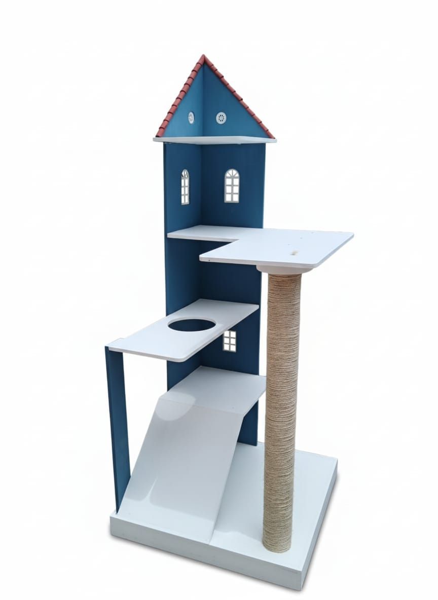 Árbol para gatos azul y blanco con poste rascador y múltiples niveles.