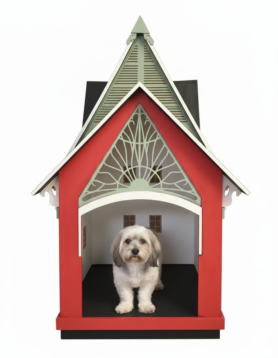 Perro en una caseta roja y verde con detalles ornamentados.