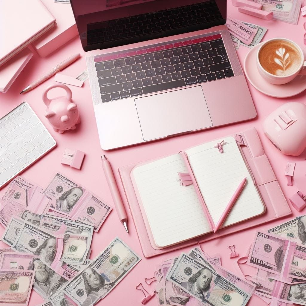Pink desk with laptop, notebook, coffee, and scattered cash, creating a budgeting or financial planning scene
