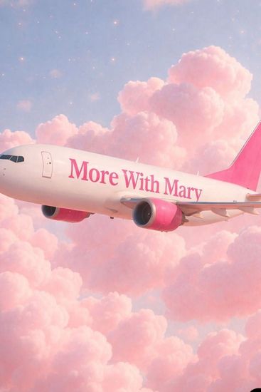 Airplane with More With Mary text flying through pink clouds at sunset