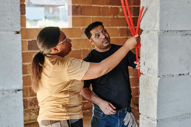 Two people working on red electrical wiring in a construction site wall opening