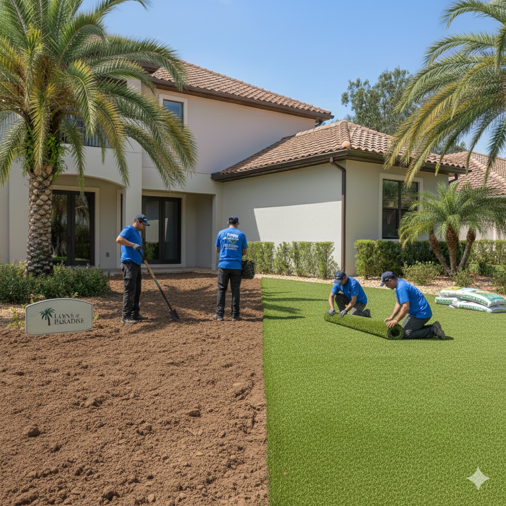 Landscape crew working in front of a house: left side bare soil, right side fresh green lawn.