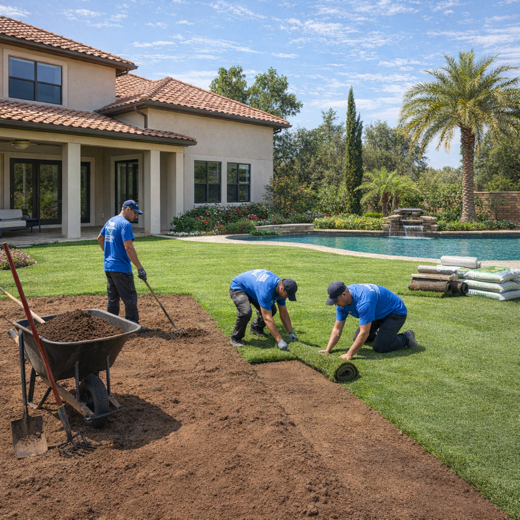Workers laying sod in a sunny backyard beside a house and pool, with a wheelbarrow and fresh soil.