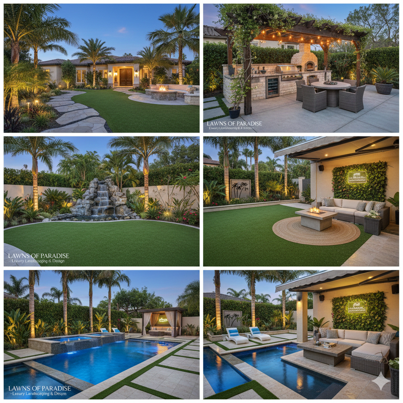 A lush backyard with a lit gazebo and swimming pool, surrounded by tropical palm trees and garden lights at twilight.