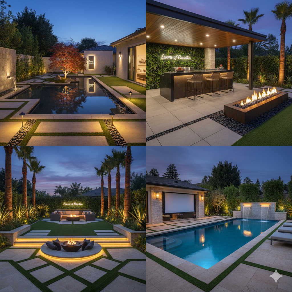 Modern backyard with lit pool, fire pit, patio seating, and tropical landscaping at dusk