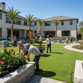 Three landscaping workers in uniform arrange decorative stones in a suburban yard with a house and green lawn.