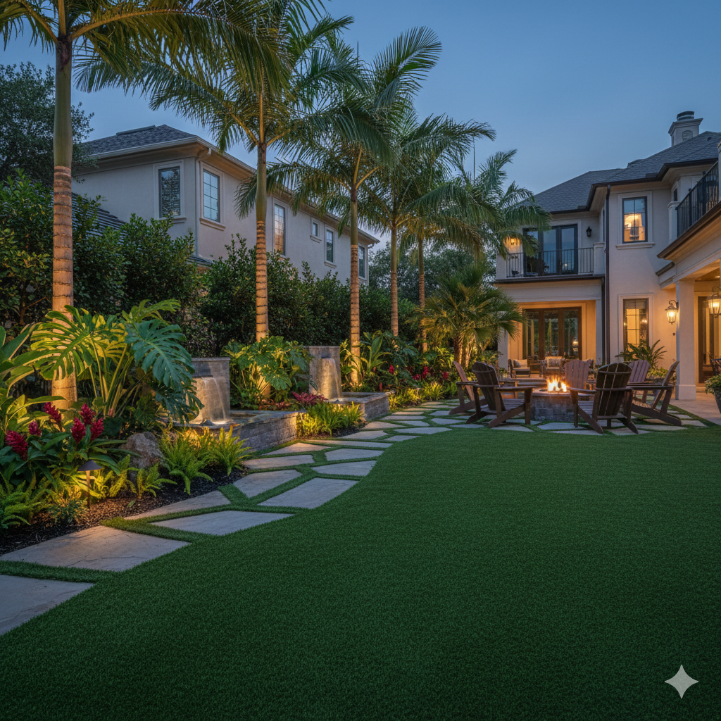 Lit backyard patio with palm trees, stepping stones, lounge chairs, and warm evening lighting