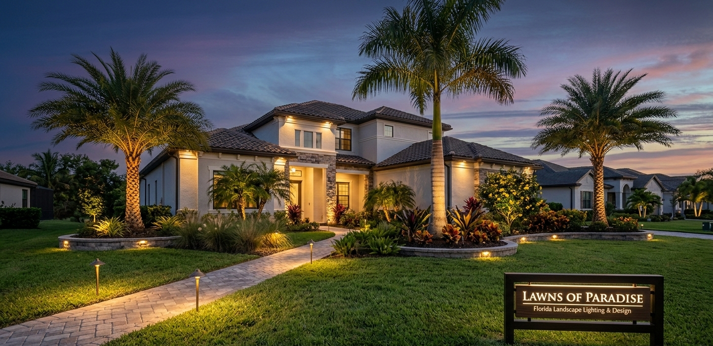 Luxury Mediterranean-style estate at dusk with lit windows, palm trees, and landscaped lawns