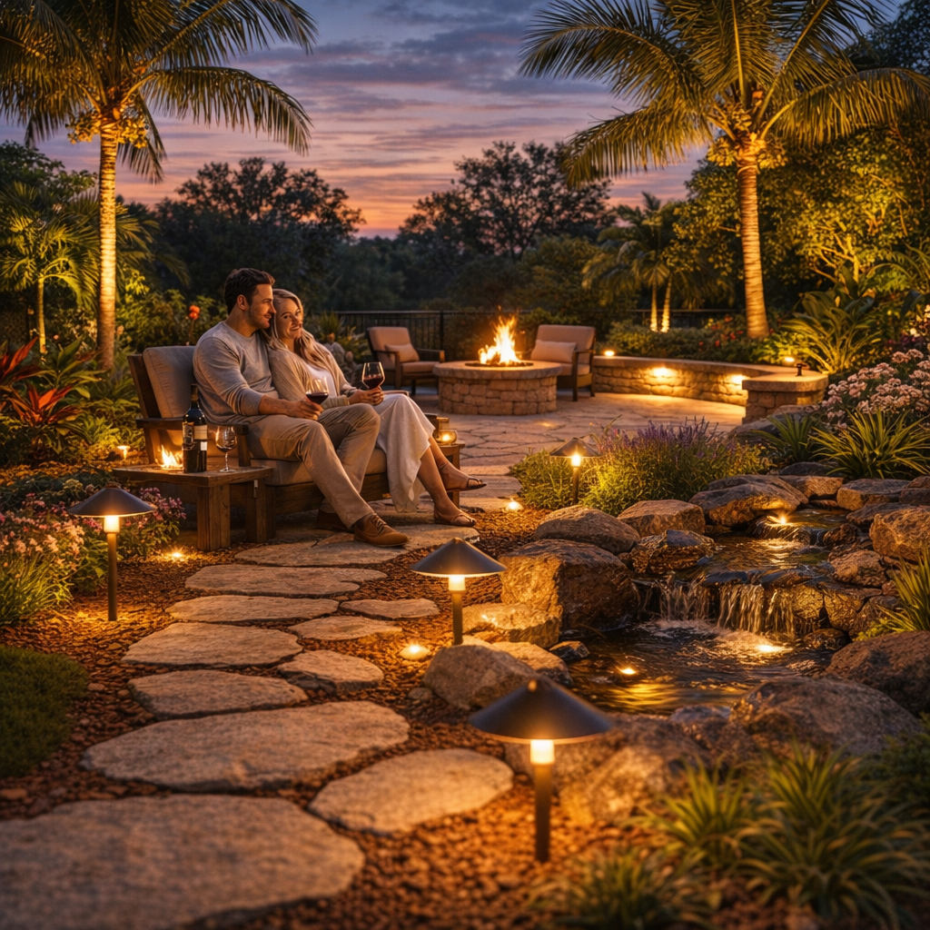 Couple seated by a fire pit on a lit stone garden path at sunset, surrounded by tropical greenery.