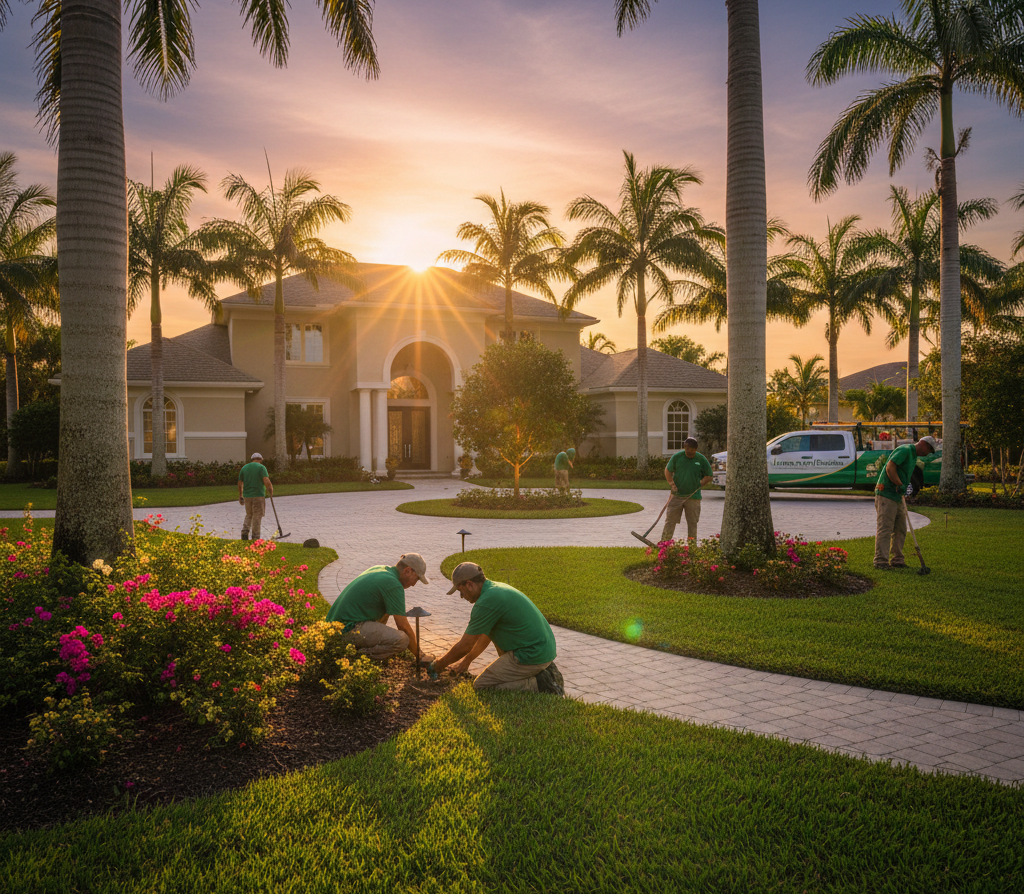Sunset over a palm-lined resort courtyard, with workers planting flowers in the foreground.