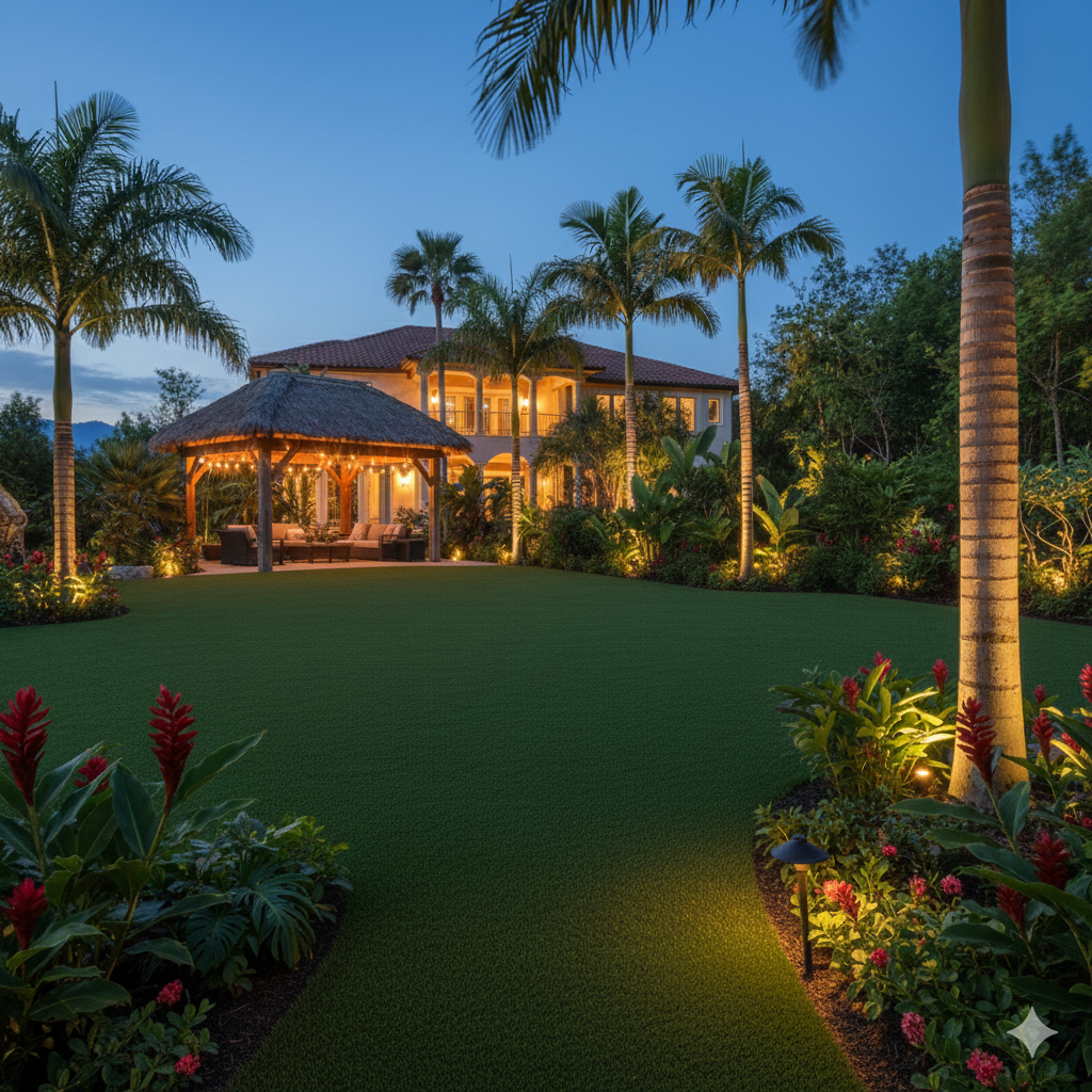 Luxury two-story villa at dusk, warmly lit amid palm trees and manicured tropical gardens.