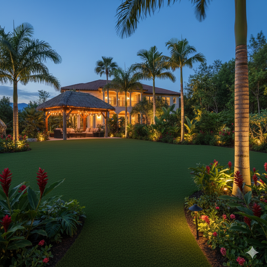 A lush backyard at twilight, featuring a gazebo, palm trees, and illuminated landscaping leading to a large house.