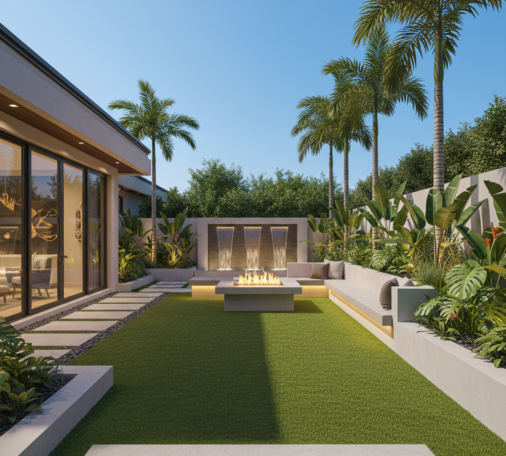 Modern backyard patio with a central fire pit, green lawn, tropical plants, and lounge seating at sunset