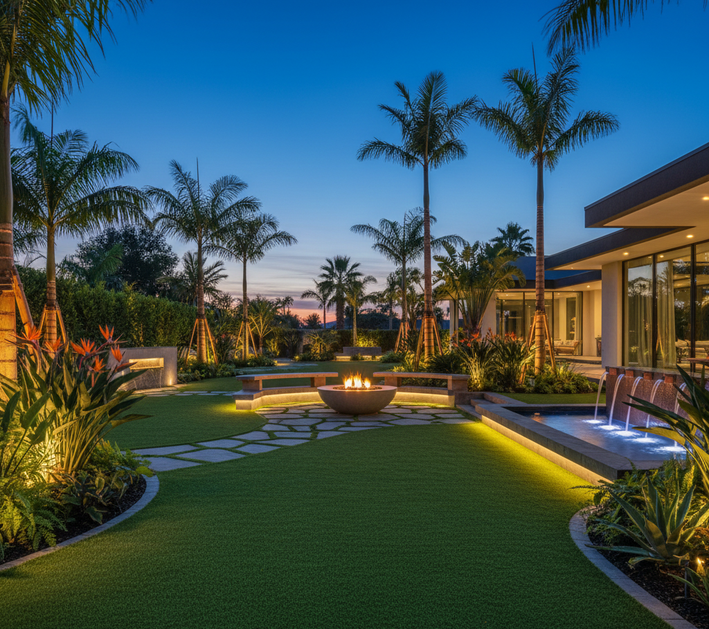 Modern tropical backyard at dusk with palm trees, lit pathways, and a fire bowl centerpiece