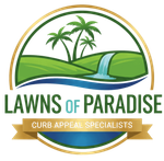 Logo for Lawns of Paradise: stylized rolling green hills, palm trees, a waterfall, and a gold banner reading 