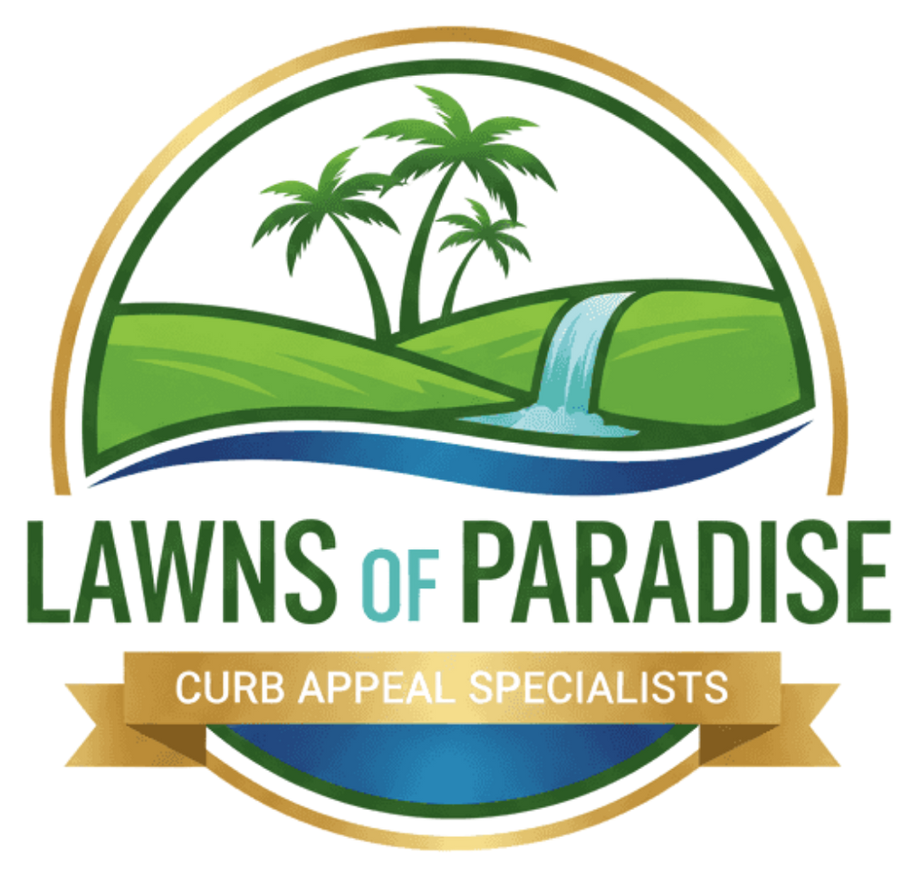 Logo for Lawns of Paradise: stylized rolling green hills, palm trees, a waterfall, and a gold banner reading