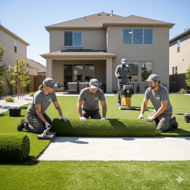 Four workers in grey uniforms install artificial turf on a residential lawn, with one operating a landscape roller.