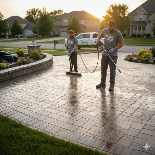 Two workers clean a brick paver driveway with a broom and pressure washer at sunset.