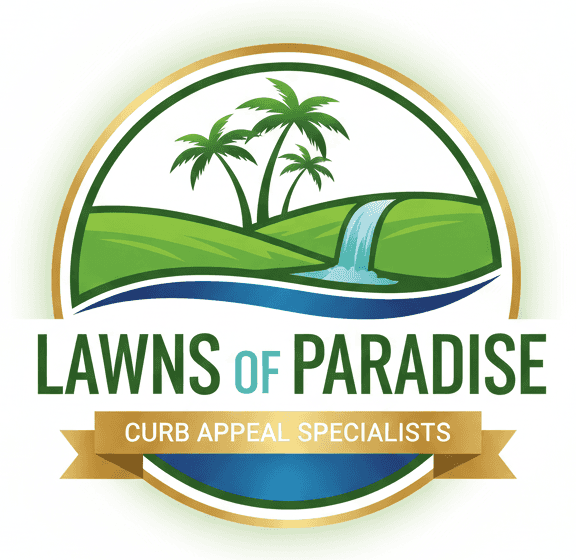 Logo for Lawns of Paradise: palm trees and a stream on green hills inside a circle with a gold ribbon banner below.
