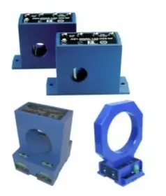 Blue current transformer sensors and split-core rings on a white background