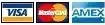 Visa, Mastercard, and AmEx payment logos in blue, red, and blue on a white background