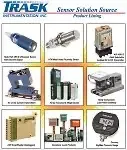 Trask sensor station source brochure cover with nine photos of industrial sensors and equipment in a grid