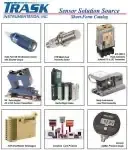 TRASK Sensor Solutions brochure page with nine product photos and headings on a blue-and-white background