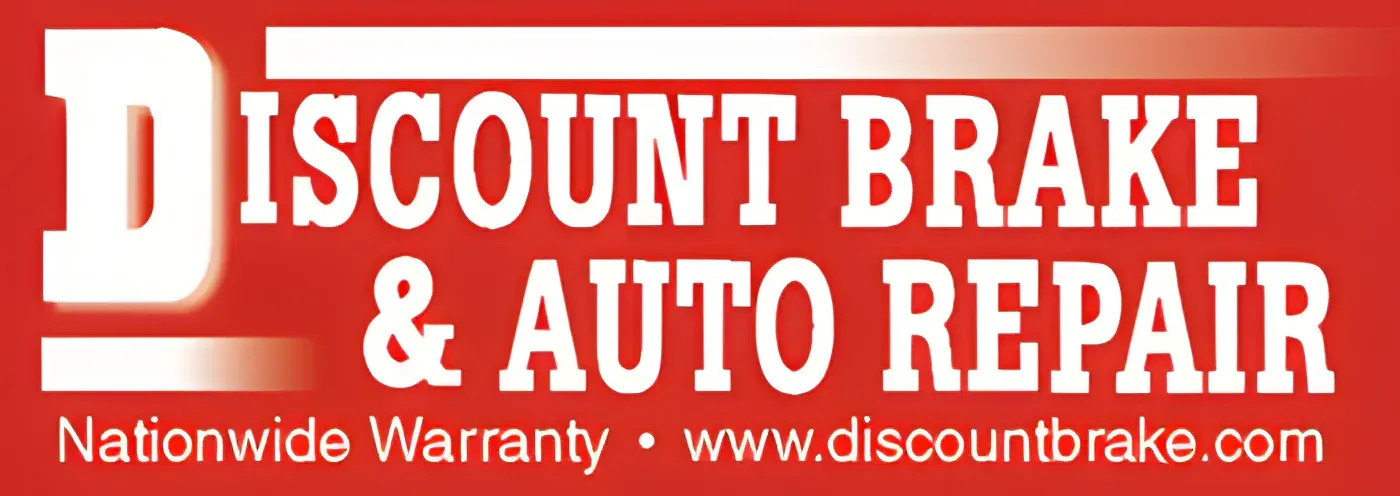 Discount Brake & Auto Repair red logo with website and Nationwide Warranty text